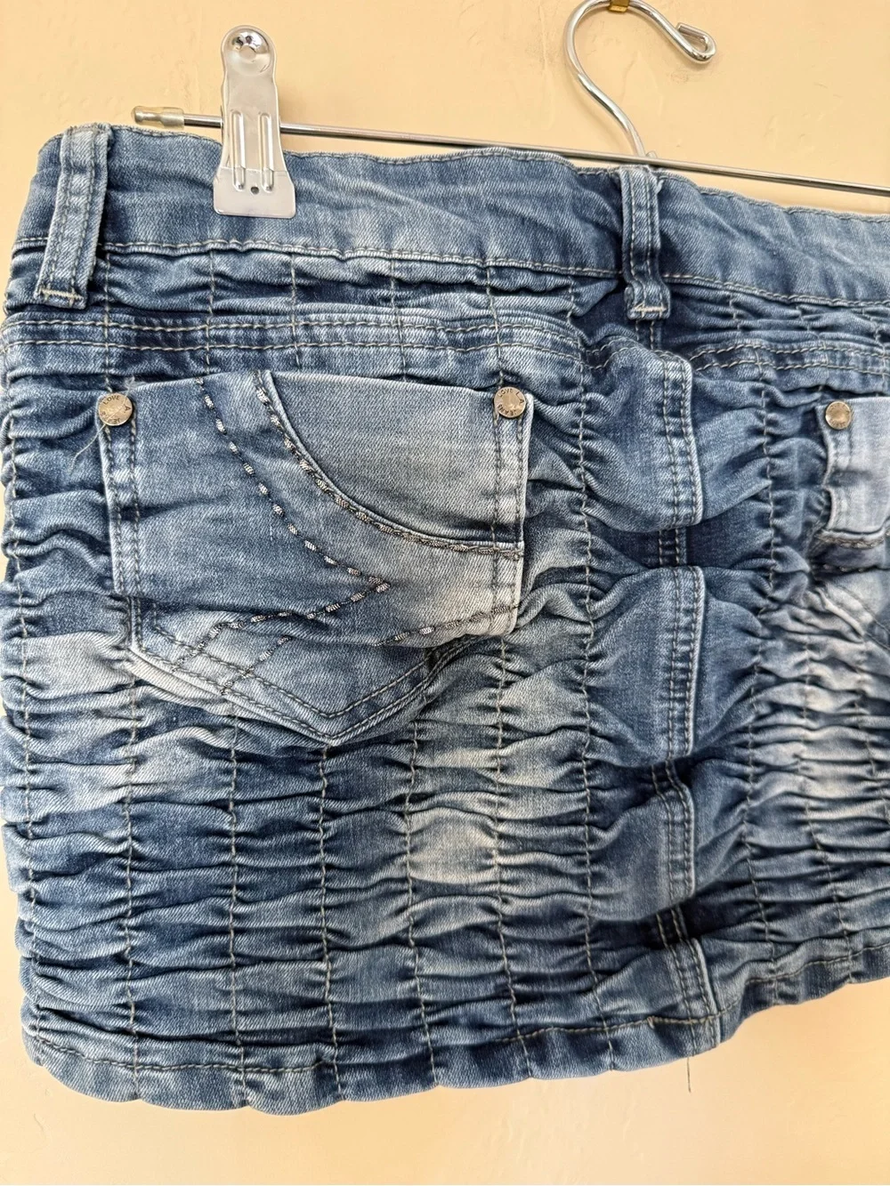 Love LA Ruched Denim Mini Skirt | Size 7 | Y2K Low Rise Micro Mini